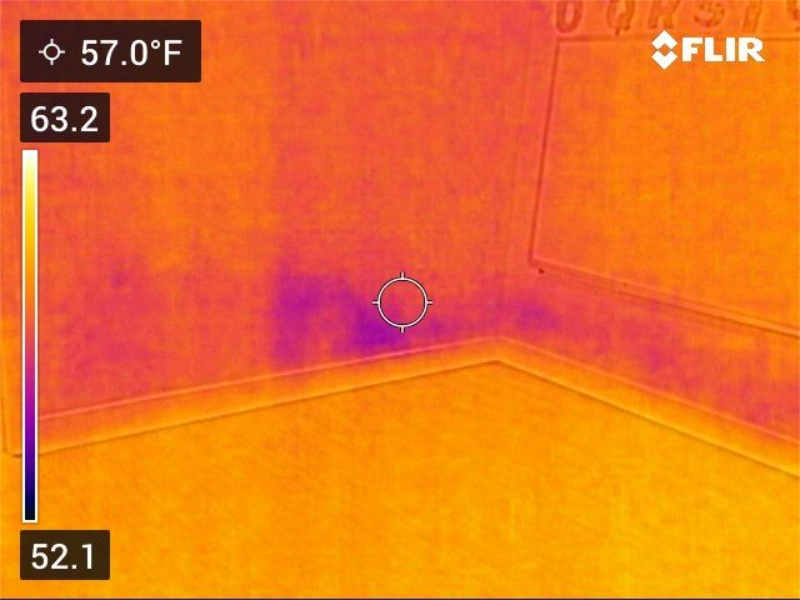 The Silent Saboteurs: 5 Hidden Water Sources Creating Mold in Your Home 3 Thermal image of a wall corner showing a cool patch above the baseboard caused by hidden moisture